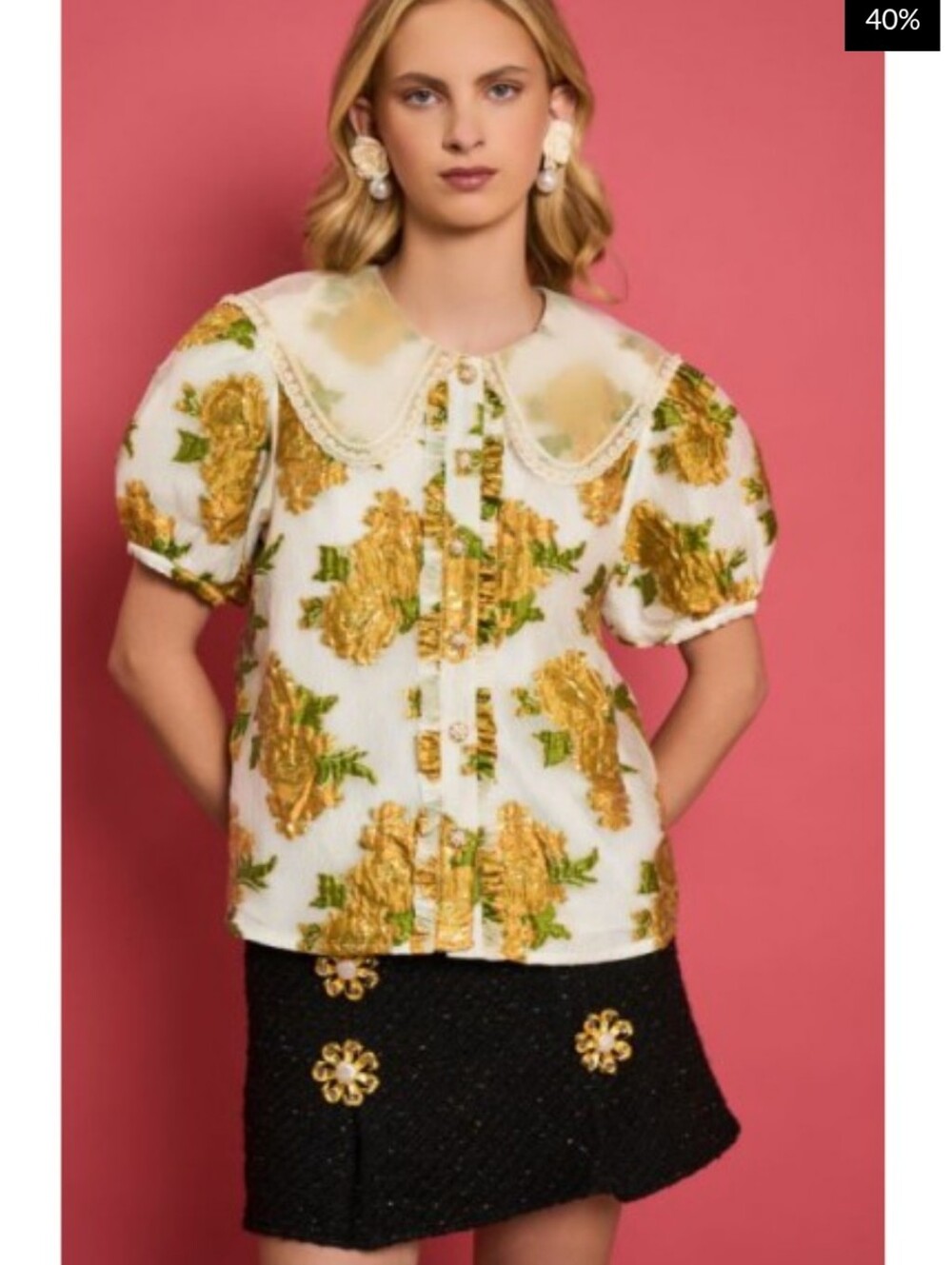 Sister Jane Dream Floral Jacquard White Gold Blouse Size S - Picture 6 of 12